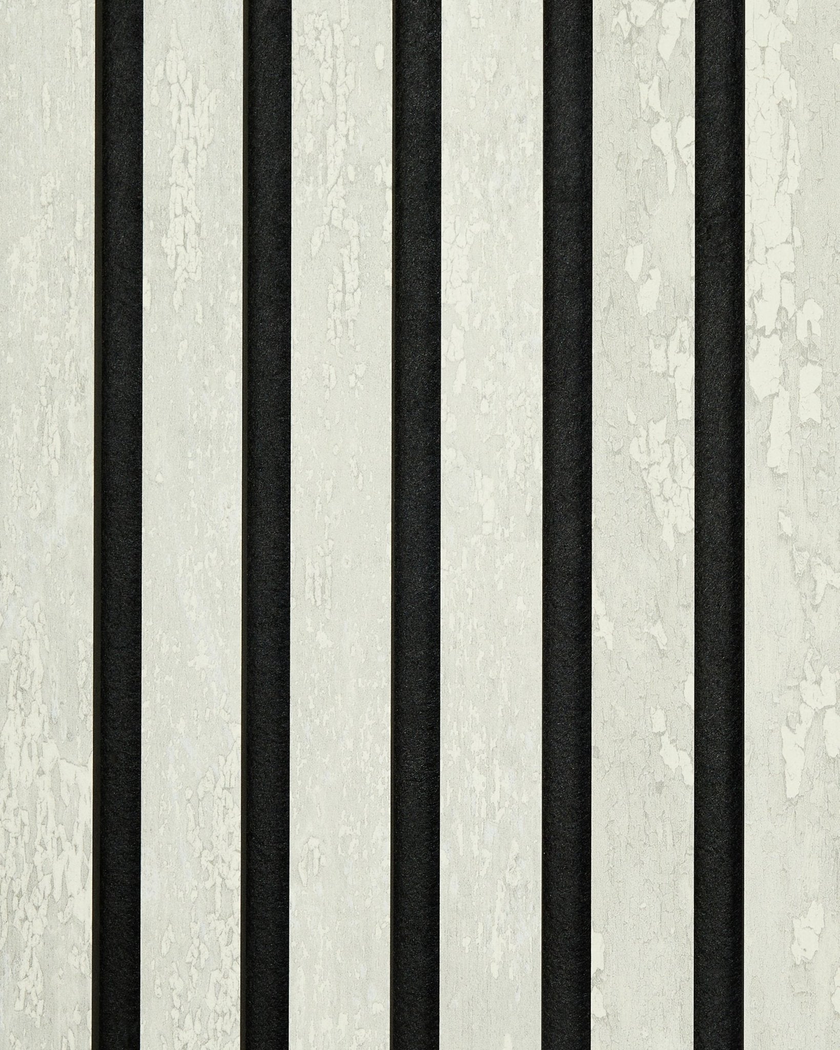 Akupanel sample in Rebel | White Oxide by WoodUpp, showing bold black and textured off-white stripes with a weathered, peeling paint appearance.